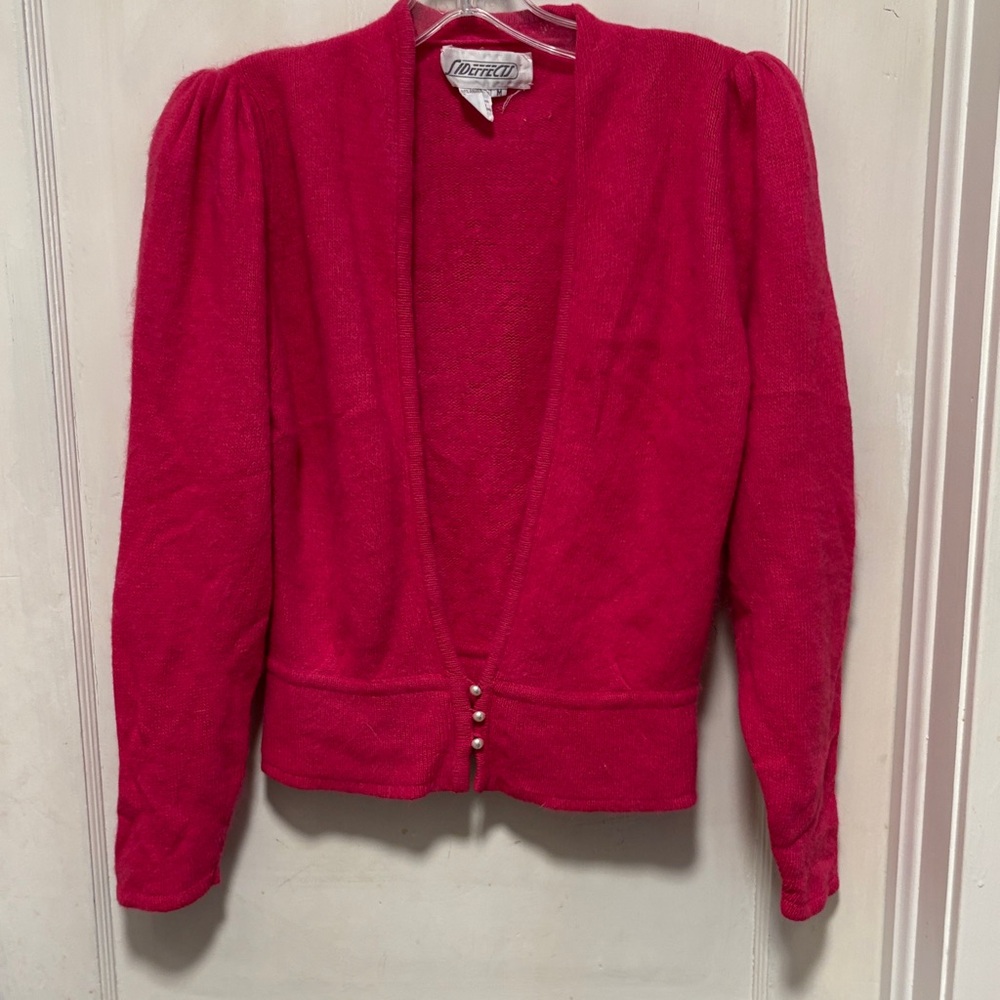 Vintage Barbie Pink Angora and Lambswool Medium Cardigan Sweater Pearl Buttons